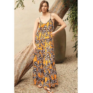 Ro's Garden Anthropologie Tiered Yellow Floral Maxi Dress Large